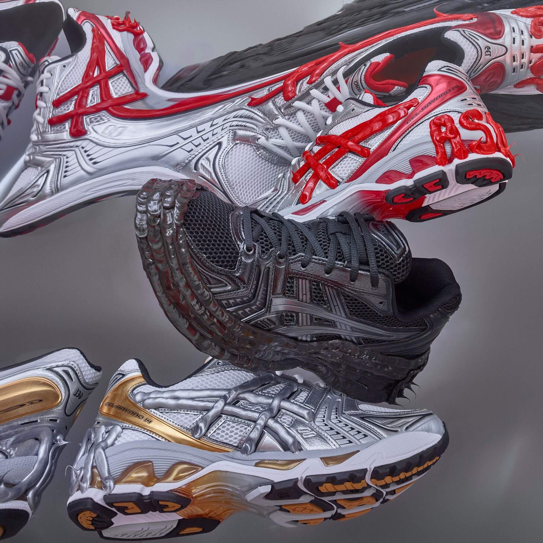 ASICS x Dennis Buck - Gel Kayano 14 collage - red black and yellow