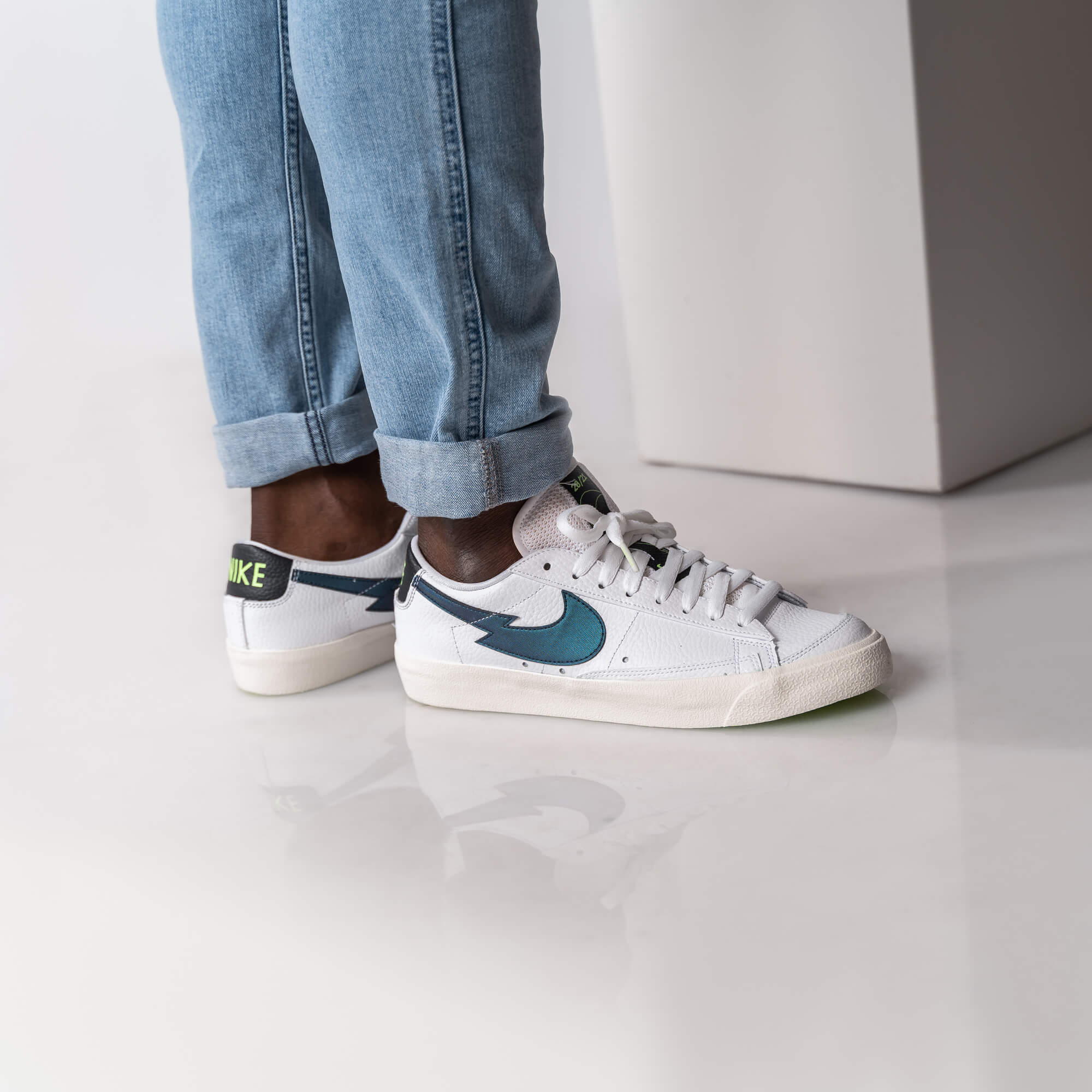 on feet photo 2: Nike Blazer Low - "Lightning Bolt Swoosh" - white/aquamarine/lime glow/off noir - DJ6895-100 zick zack swoosh