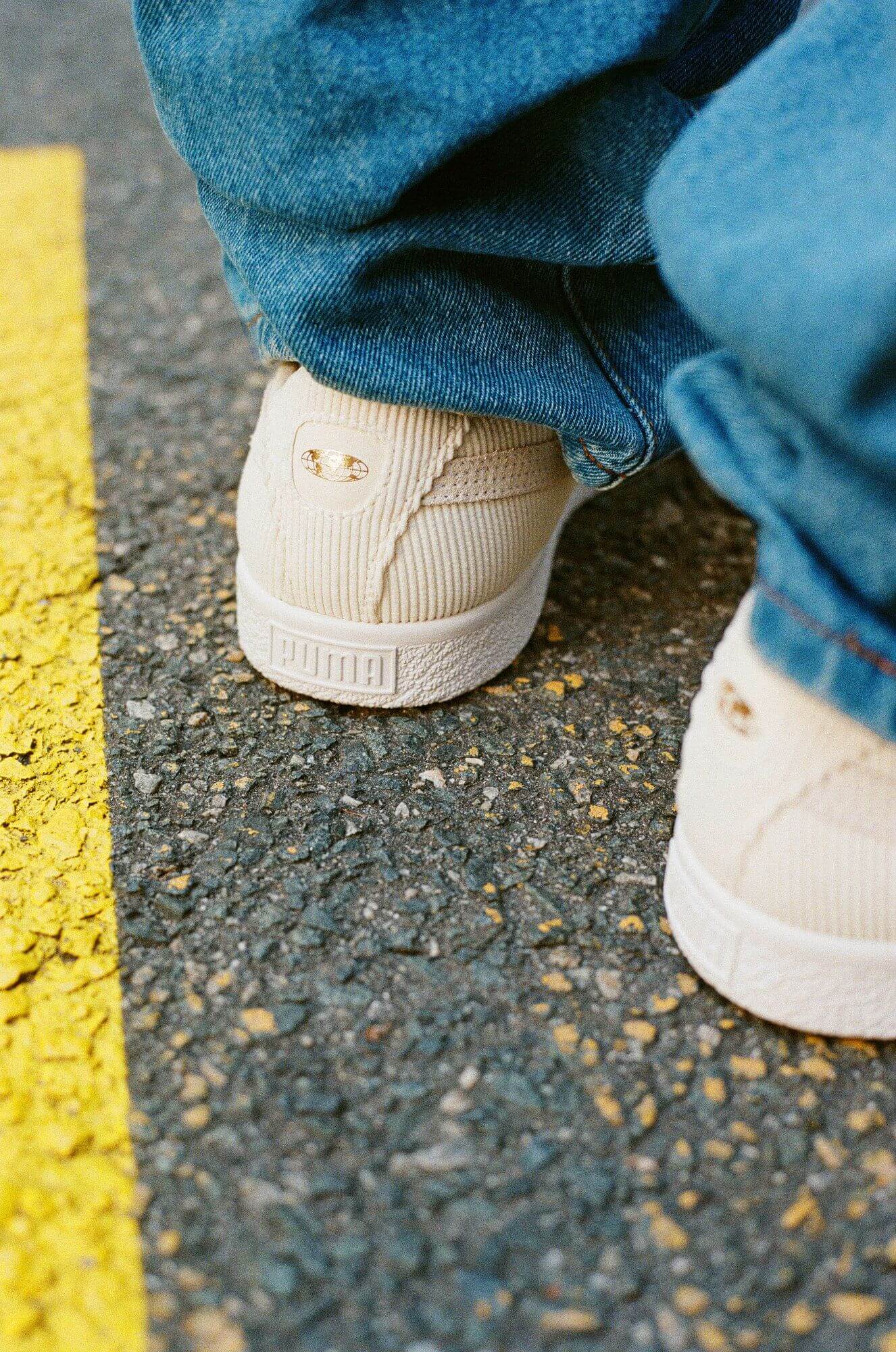 heel logo detail of the PUMA x BUTTER GOODS - Basket Vintage - "Cord"