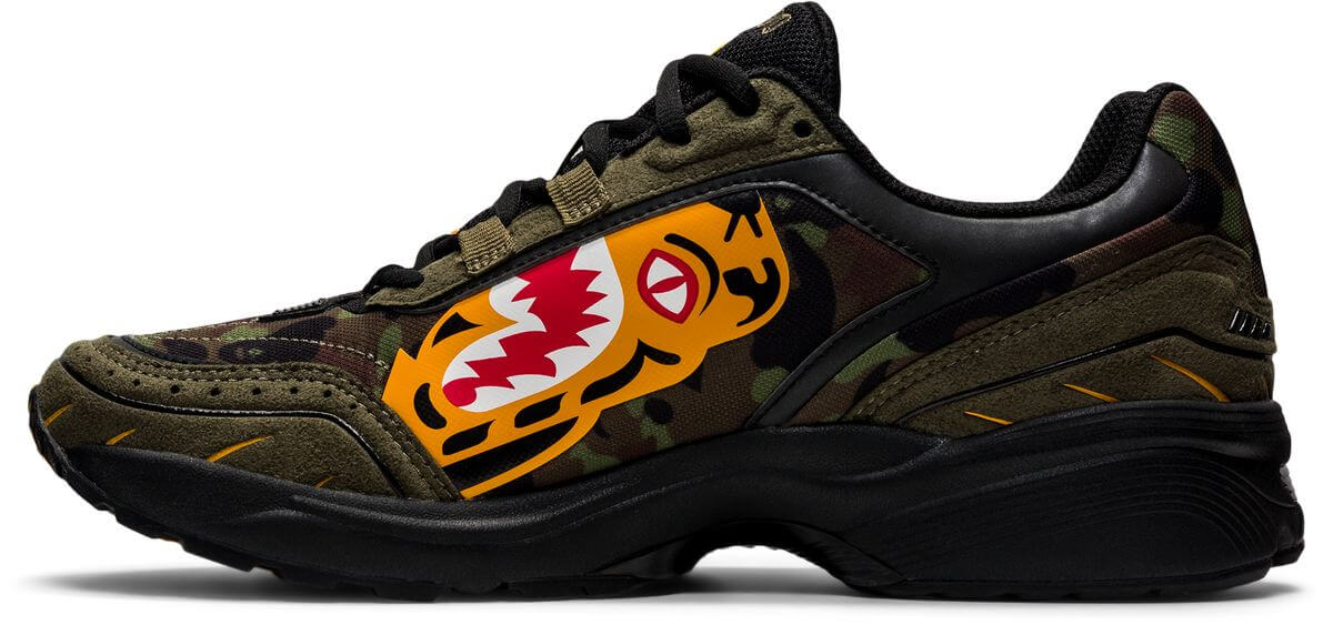 bape shark/tiger motif - ASICS x BAPE (A Bathing Ape) - GEL-1090 - "Tiger Camo" - aloe/bengal orange - 1023A061-200