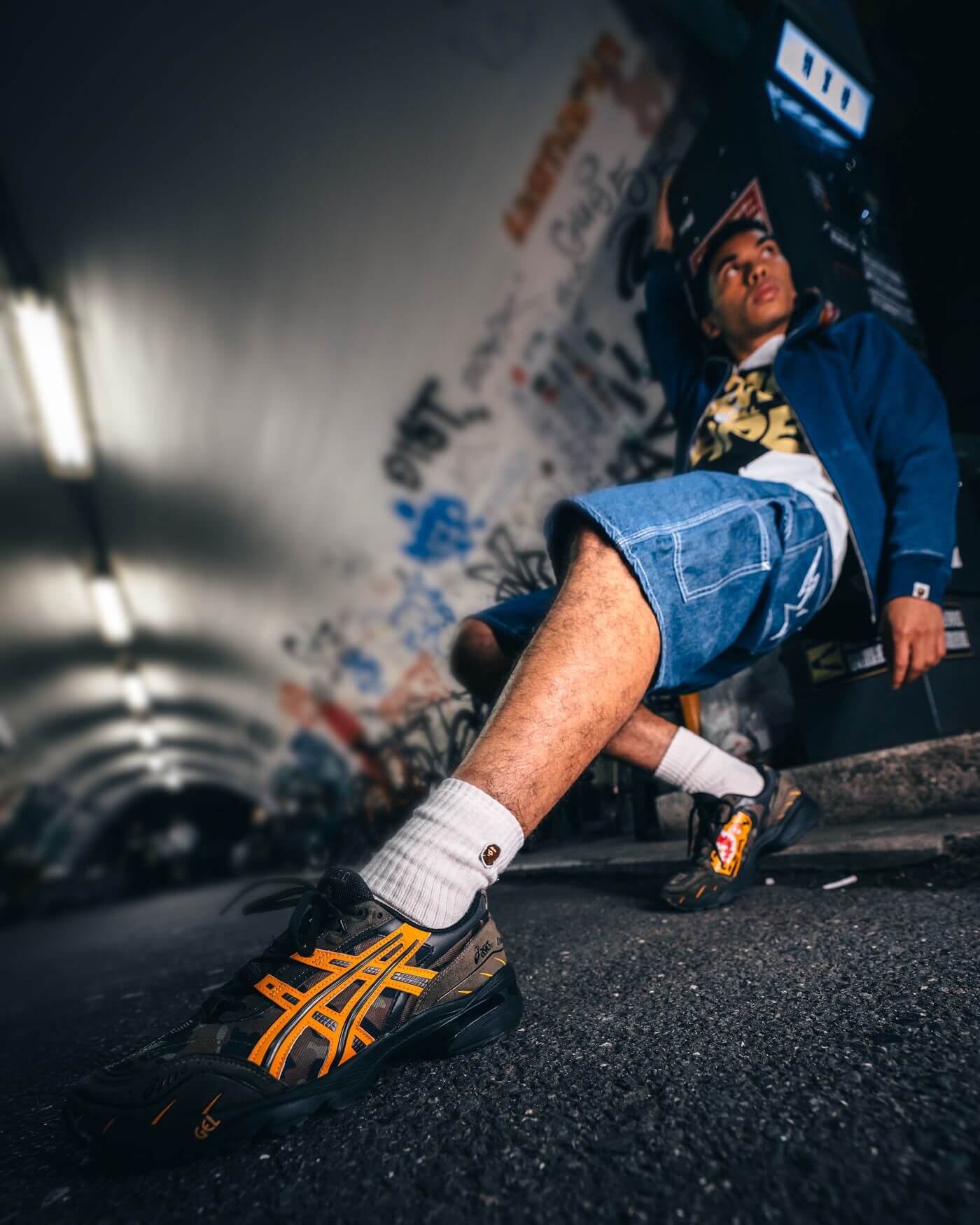 on feet - ASICS x BAPE (A Bathing Ape) - GEL-1090 - "Tiger Camo" - aloe/bengal orange - 1023A061-200