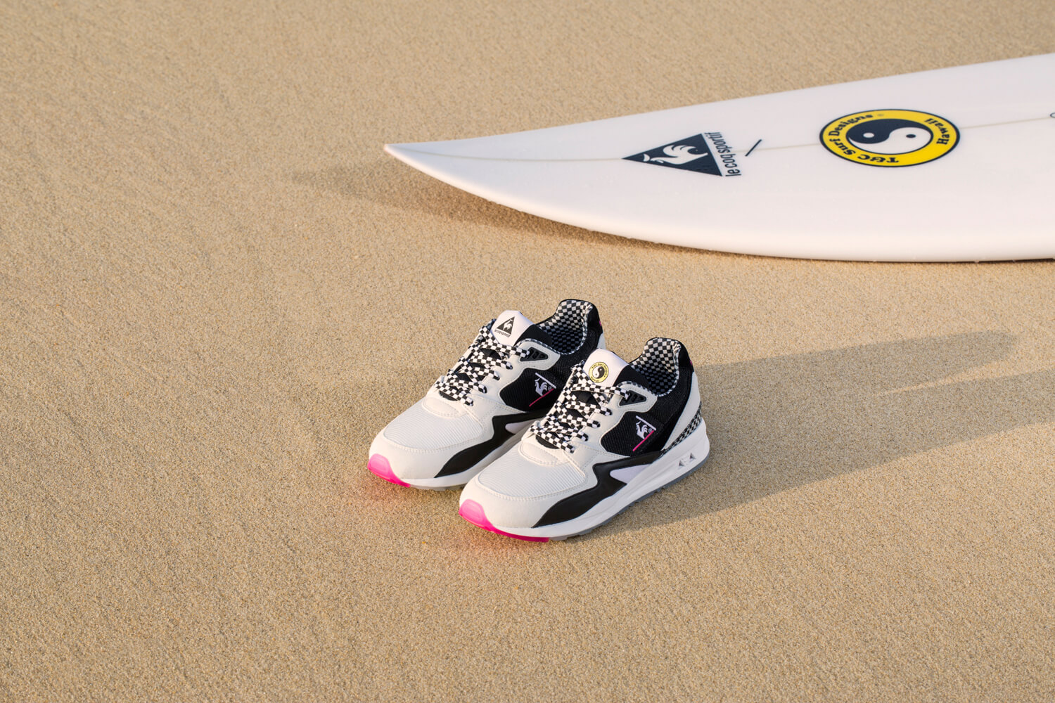 Le Coq Sportif x Town & Country Surf Designs LCS R800 and surfboard