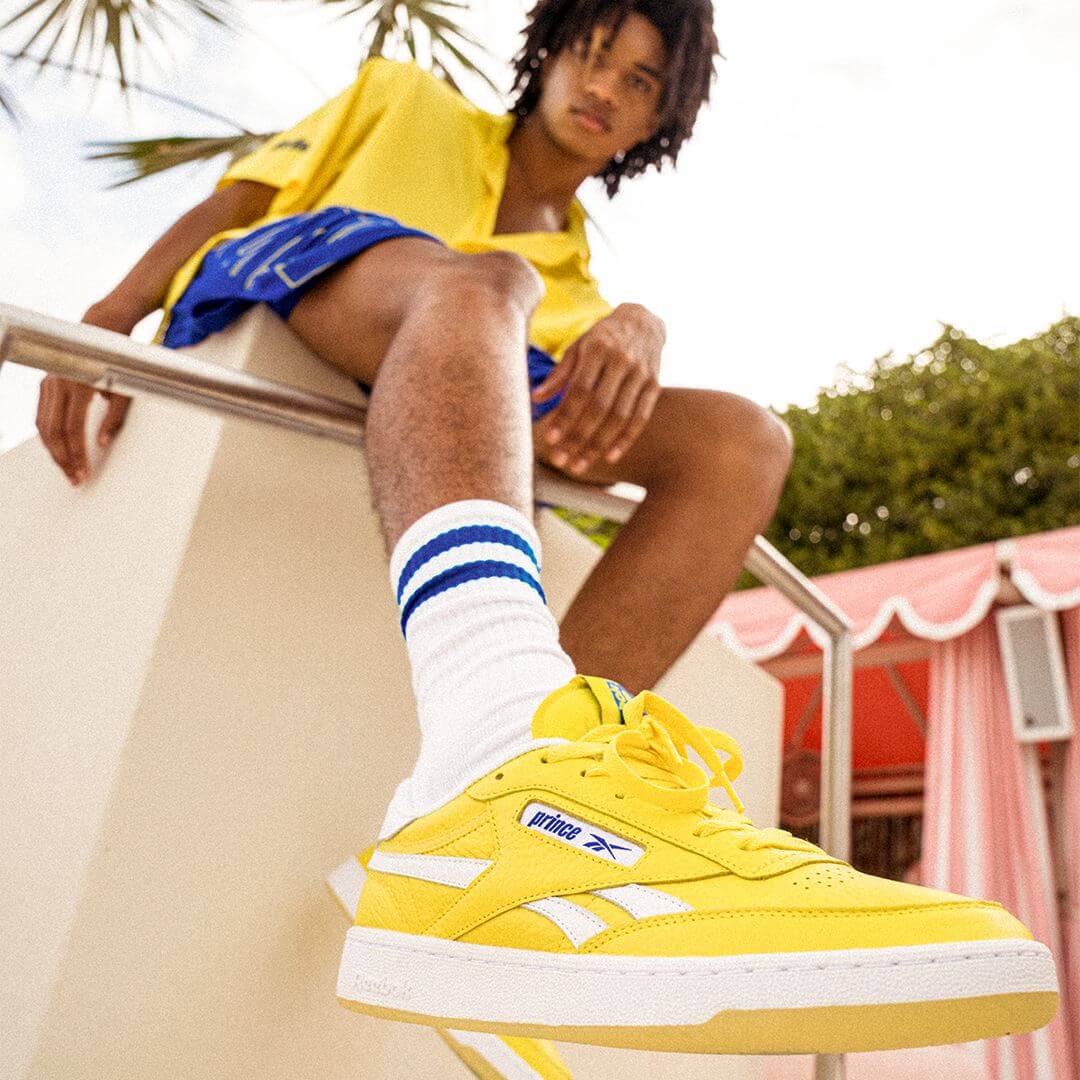 on feet - Reebok x Prince - Club C Revenge - stinger yellow/footwear white/bright cobalt