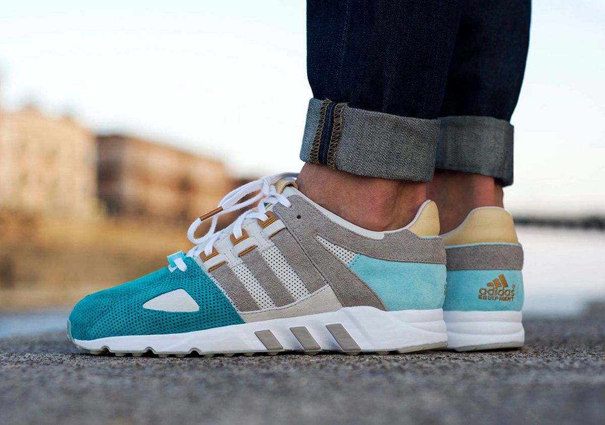 on feet - adidas Consortium x Sneakers76 - "The Bridge of the Two Seas" - EQT Guidance 93 - clear granite/light onix-gold metallic - BA9220