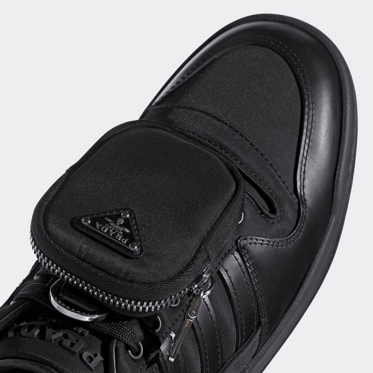 details, toe-box - adidas for Prada - Re-Nylon Collection - Forum Low - core black/core black/silver metallic - GY7043