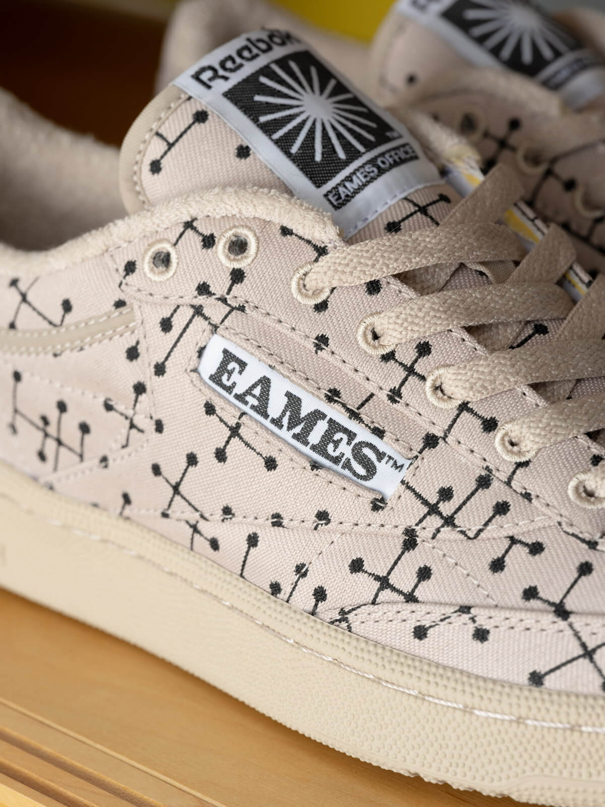 close up tongue logo - Reebok x Eames - Club C 85 "Dots" - modern beige/modern beige/core black - GY1069