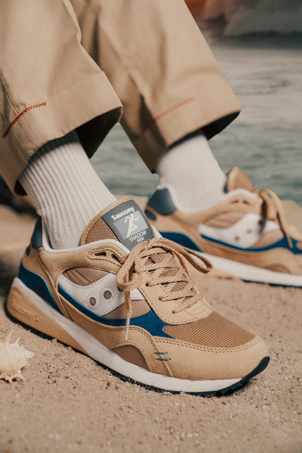 on feet - Saucony Shadow 6000 "Destination Spring" - Sand / Navy - S70674-3