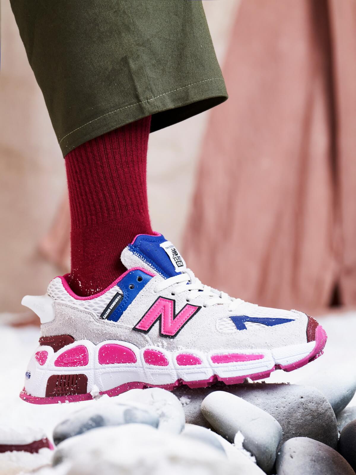on feet - New Balance x Salehe Bembury - MS574YSA - White / Team Royal / Pink