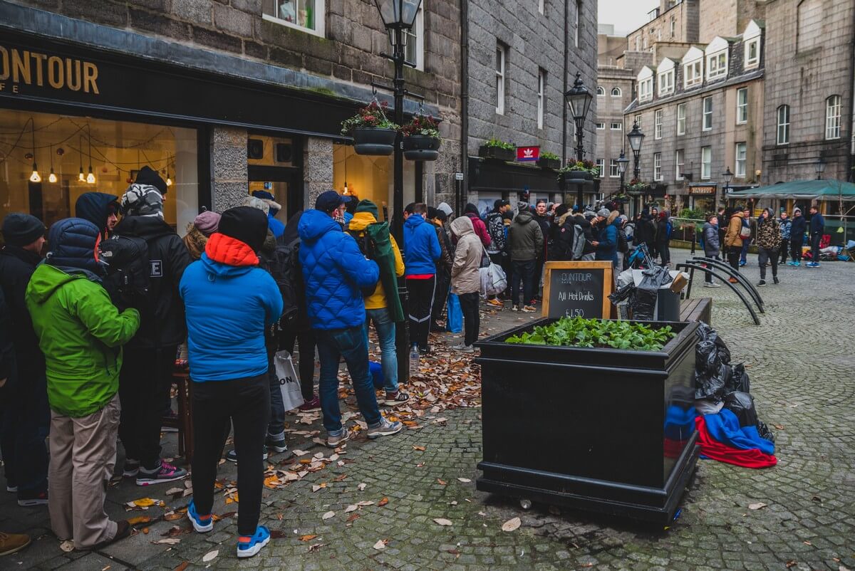 Queue at HANON Shop in Abedereen, Scotland