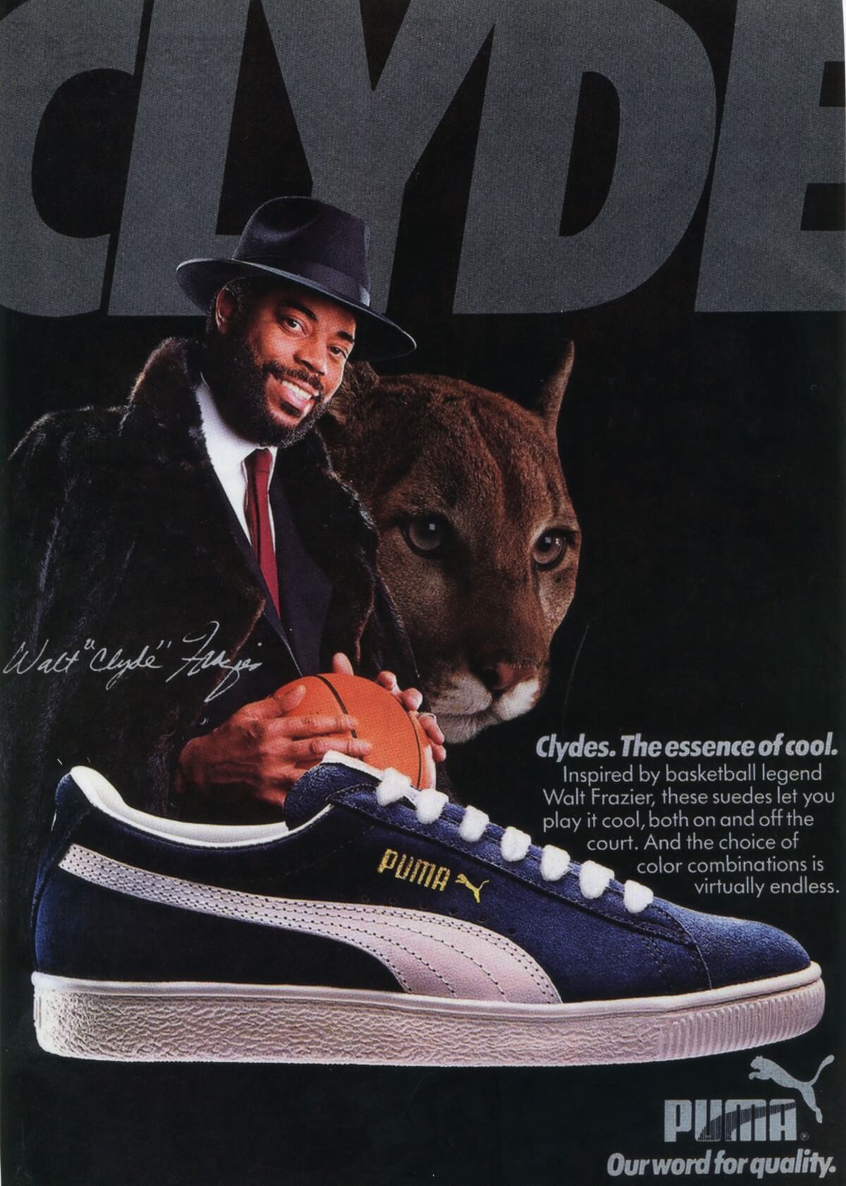 Puma Clydes. The essence of cool. - Walt "Clyde" Frazier - Vintage Puma Ad