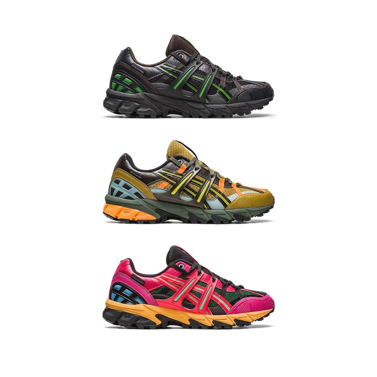 ASICS SportStyle x Andersson Bell Gel Sonoma 15-50 Black/Green, Olive Oil/Dark Brown, and Bright Rose/Evergreen