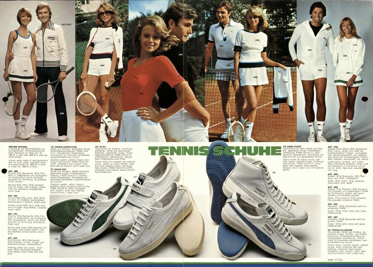 Vintage Puma Tennis Katalog - Modelle: Tennis-Super-Star, Davis-Cup, Te-Ku, Hard-Court, Tennis-Allround