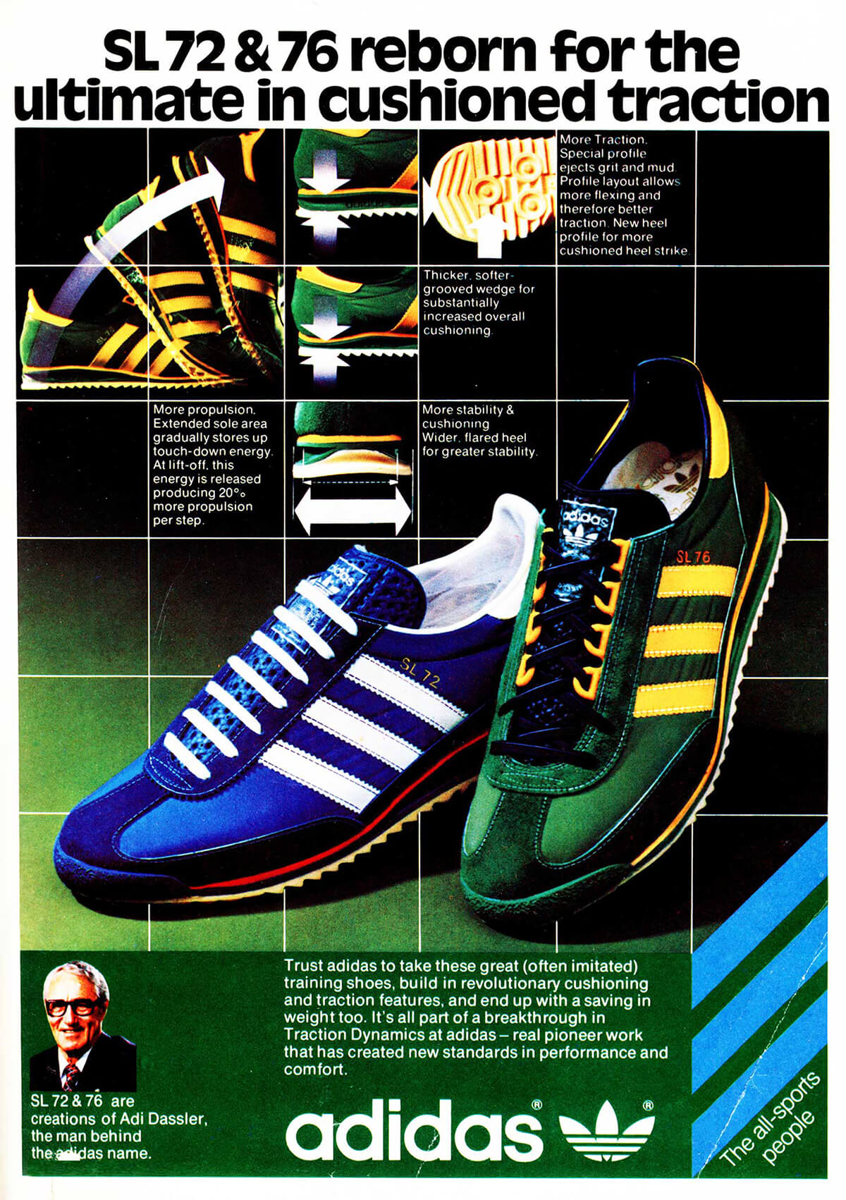 adidas SL 72 & SL 76 Vintage ad - "SL 72 & 76 reborn for the ultimate in cushioned traction" 