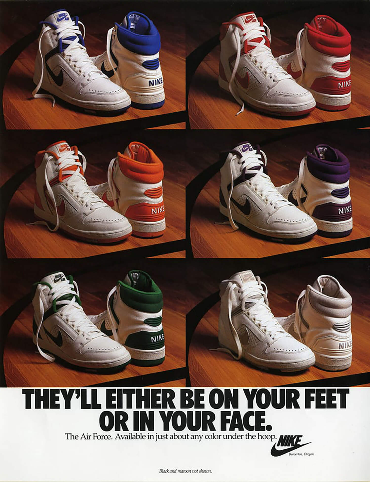 »On Your Feet or In Your Face« poster, Nike Air Force, 1986 © Nike, Inc.