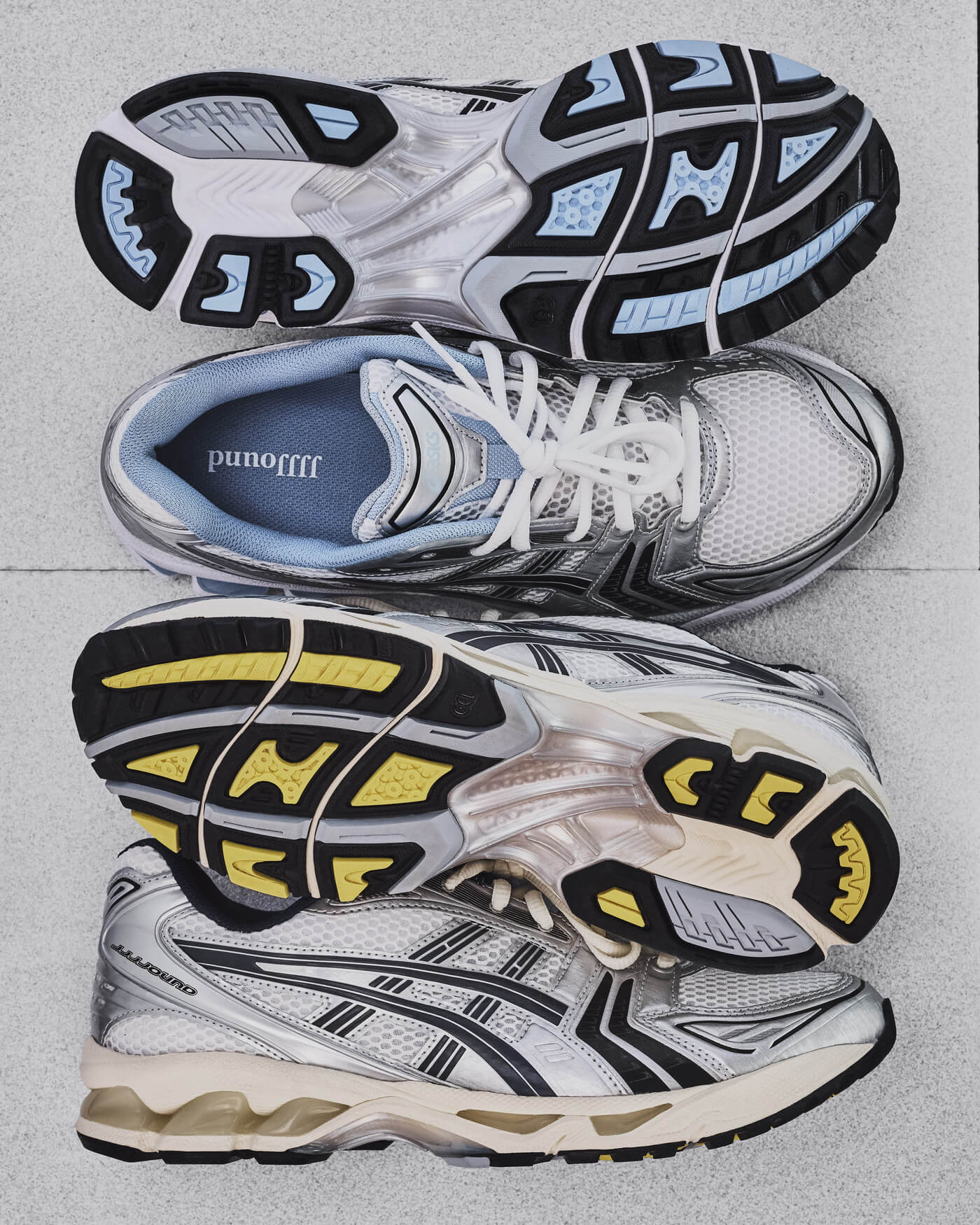 ASICS x JJJJound Gel-Kayano 14 - White/Silver/Black/Yellow & White/Navy/Baby Blue